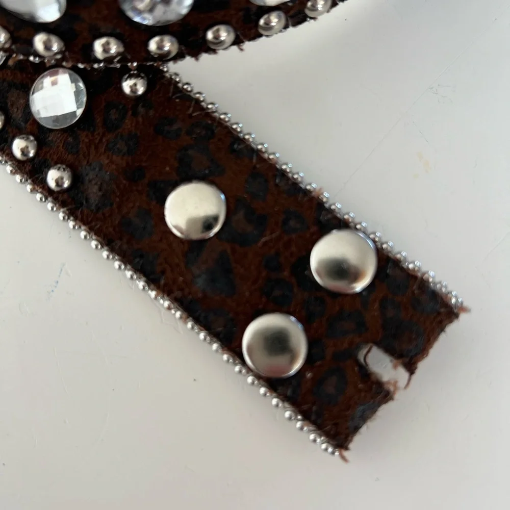 Leather Leopard‎ Print Rhinestone Silver Metal Western Studded Belt